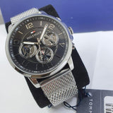 Tommy Hilfiger Quartz Chronograph Black Dial Silver Mesh Bracelet Watch for Men - 1791292