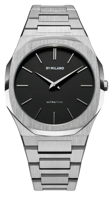 D1 Milano Ultra Thin Matte Black Dial Silver Steel Strap Watch for Men - D1-UTBJ40