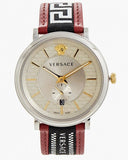 Versace V Circle Silver Dial Two Tone Leather Strap Watch for Men - VEBQ01319