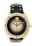 Versace Shadov Quartz Gold Dial Black Leather Strap Watch for Women - VEBM00318