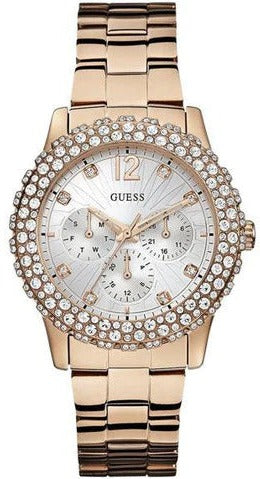 Guess Dazzler Diamonds Silver Dial Rose Gold Steel Strap Watch for Women - W0335L3