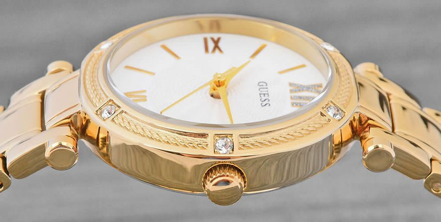 Guess Park Ave South Analog White Dial Gold Steel Strap Watch For Women - W0767L2
