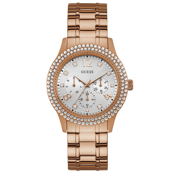 Guess Bedazzle Diamonds Silver Dial Rose Gold Steel Strap Watch For Women - W1097L3