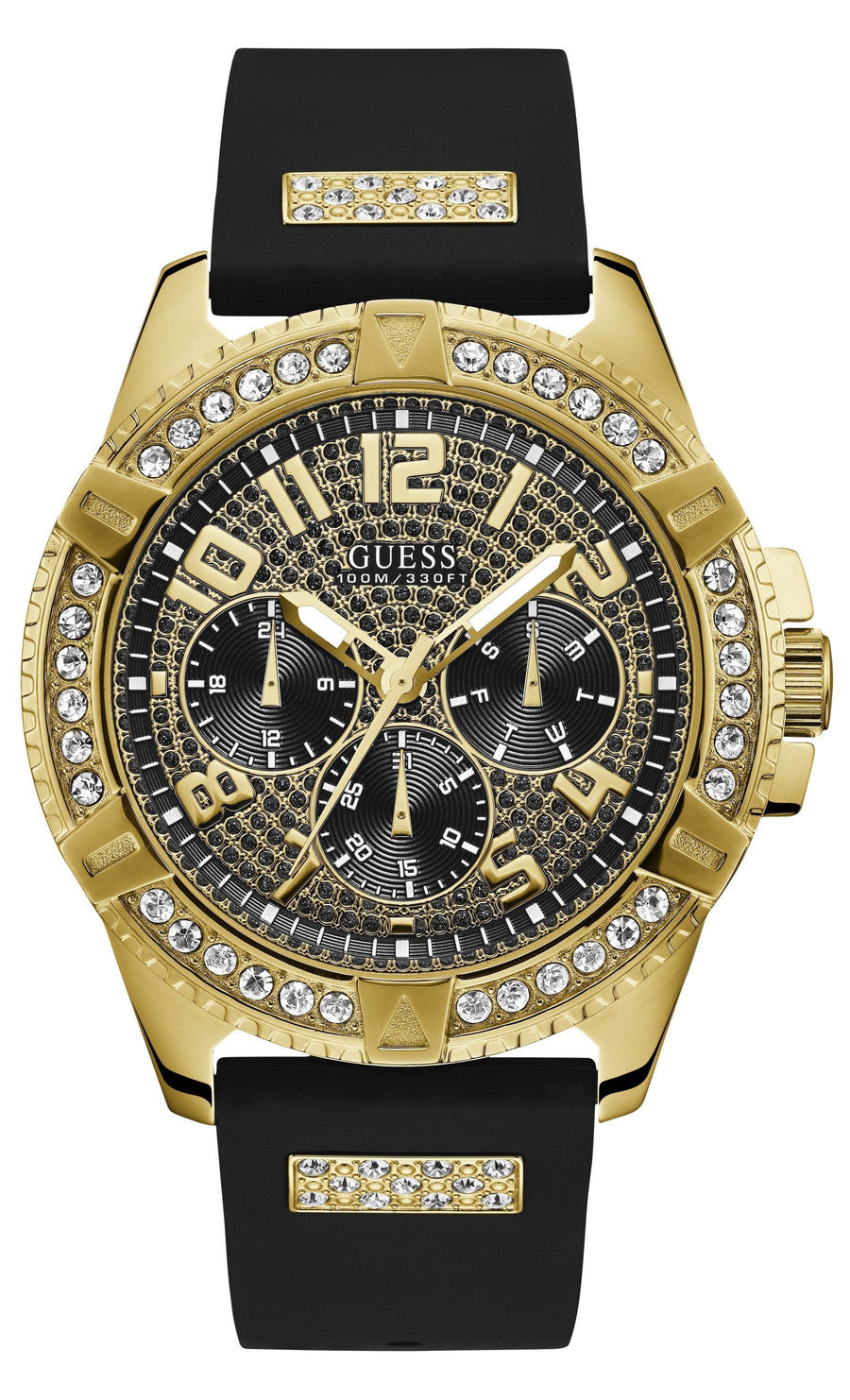 Guess Frontier Crystals Black Dial Black Silicone Strap Watch For Men - W1132G1