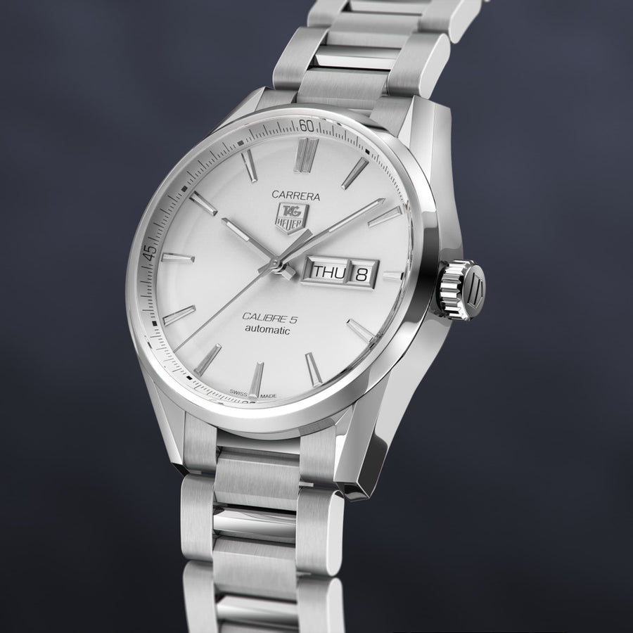 Tag Heuer Carrera Calibre 5 Automatic White Dial Silver Steel Strap Watch for Men - WAR201B.BA0723