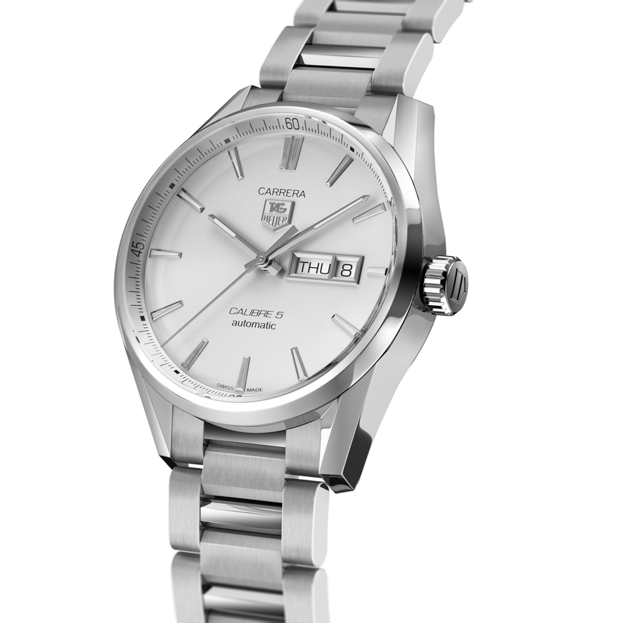Tag Heuer Carrera Calibre 5 Automatic White Dial Silver Steel Strap Watch for Men - WAR201B.BA0723