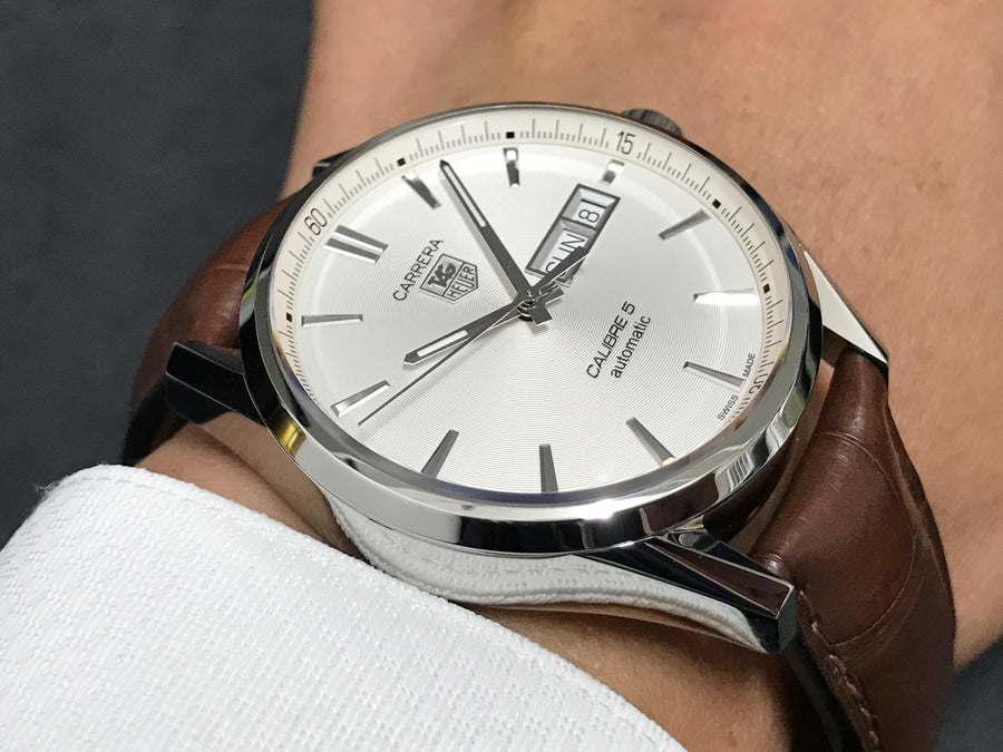 Tag Heuer Carrera Calibre 5 Automatic White Dial Brown Leather Strap Watch for Men - WAR201B.FC6291