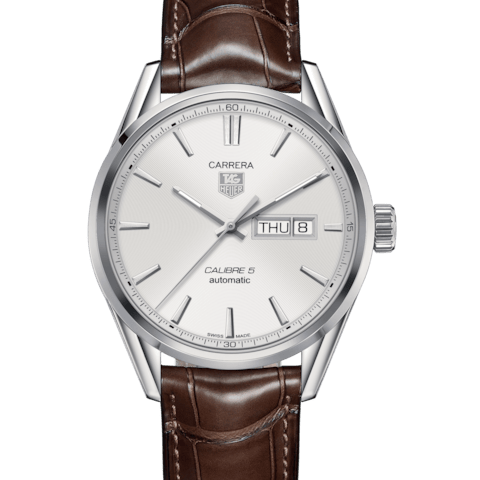 Tag Heuer Carrera Calibre 5 Automatic White Dial Brown Leather Strap Watch for Men - WAR201B.FC6291