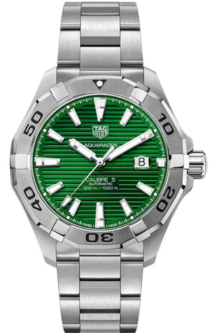 Tag Heuer Aquaracer Calibre 5 Automatic Green Dial Silver Steel Strap Watch for Men - WAY2015.BA0927