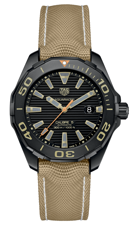 Tag Heuer Aquaracer 300 Calibre 5 Automatic Black Dial Brown Fabric Strap Watch for Men - WAY208C.FC6383