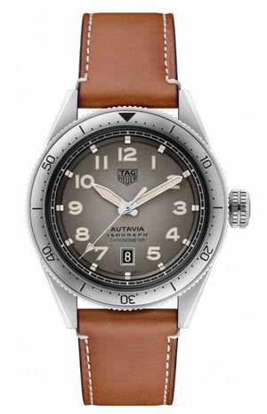 Tag Heuer Autavia Isograph Grey Dial Calfskin Brown Leather Strap Watch for Men - WBE5111.FC8267