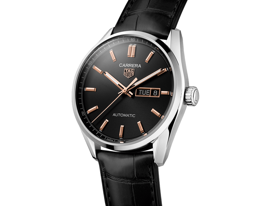 Tag Heuer Carrera Day Date Black Dial Black Leather Strap Watch for Men - WBN2013.FC6503