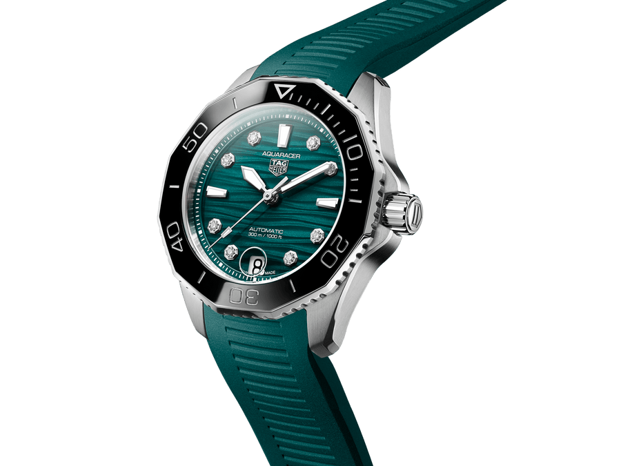 Tag Heuer Aquaracer Professional 300 Automatic Diamonds Green Dial Green Rubber Strap Watch for Women - WBP231G.FT6226