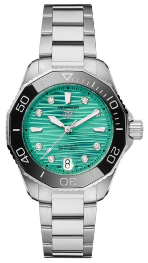 Tag Heuer Aquaracer Professional 300 Automatic Diamonds Green Dial Silver Steel Strap Watch for Women - WBP231K.BA0618