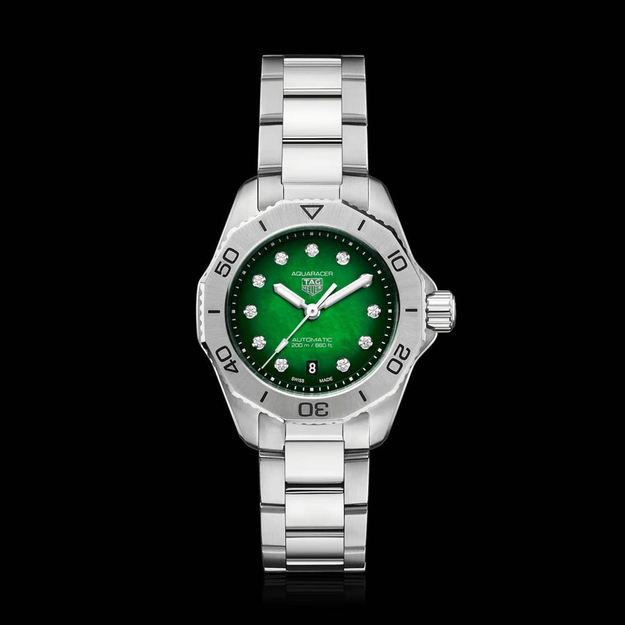 Tag Heuer Aquaracer Professional 200 Automatic Diamond Green Dial Silver Steel Strap Watch for Women - WBP2415.BA0622
