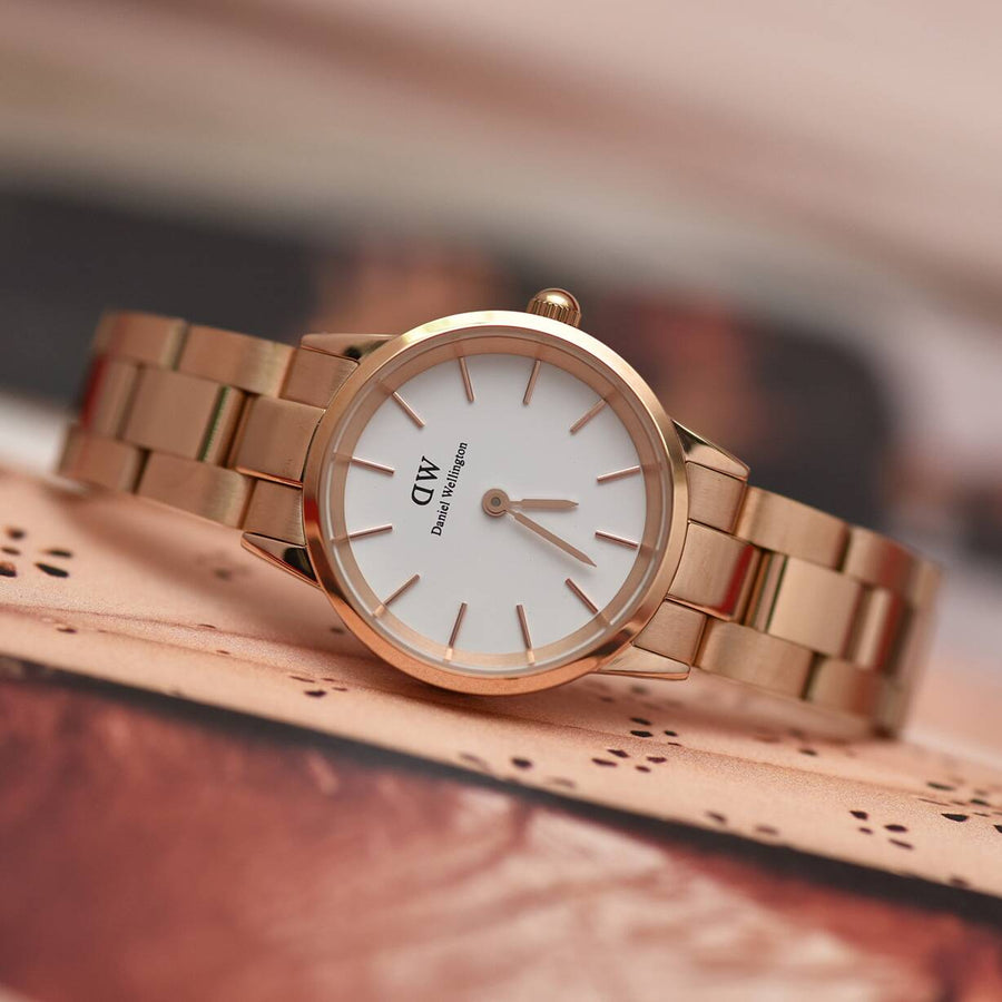 Daniel Wellington Iconic Link White Dial Rose Gold Steel Strap Watch for Women - DW00100213