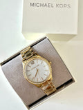 Michael Kors Layton Three Hand Mother of Pearl White Dial Gold Steel Strap Watch For Women - MK6870