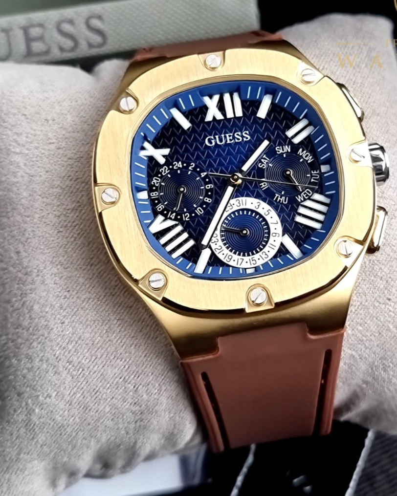 Guess Headline Chronograph Blue Dial Brown Silicone Strap Watch For Men - GW0571G5