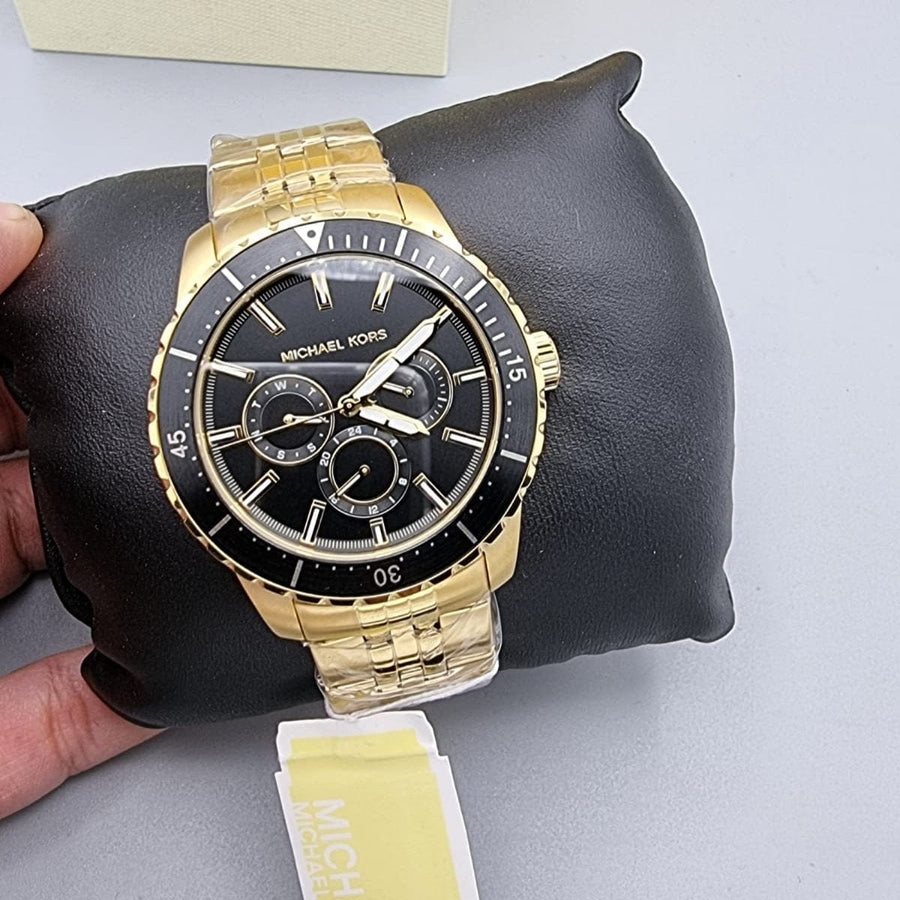 Michael Kors Cunningham Multifunction Black Dial Gold Steel Strap Watch For Men - MK7154