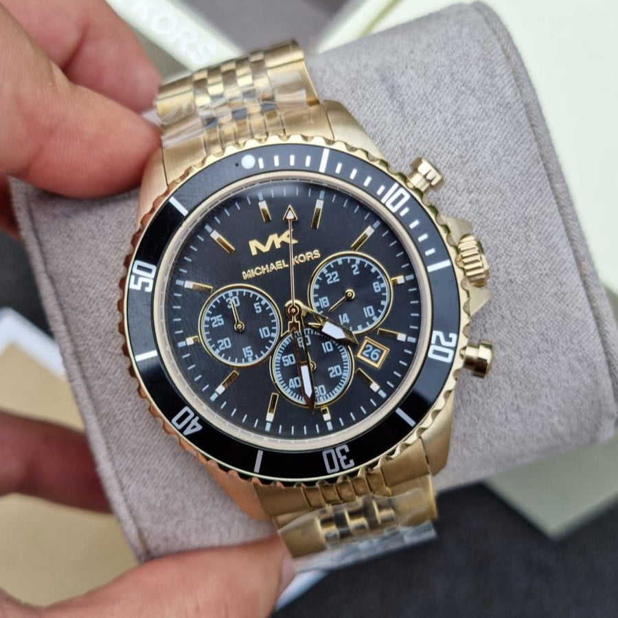 Michael Kors Bayville Chronograph Black Dial Gold Steel Strap Watch For Men - MK8726
