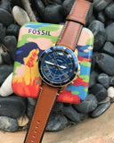 Fossil Grant Sport Chronograph Blue Dial Brown Leather Strap Watch for Men - FS5268