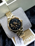 Michael Kors Runway Quartz Black Dial Gold Steel Strap Watch For Women - MK6682