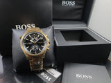 Hugo Boss Globetrotter Chronograph Black Dial Gold Steel Strap Watch for Men - 1513932