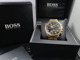 Hugo Boss Globetrotter Chronograph Black Dial Gold Steel Strap Watch for Men - 1513932