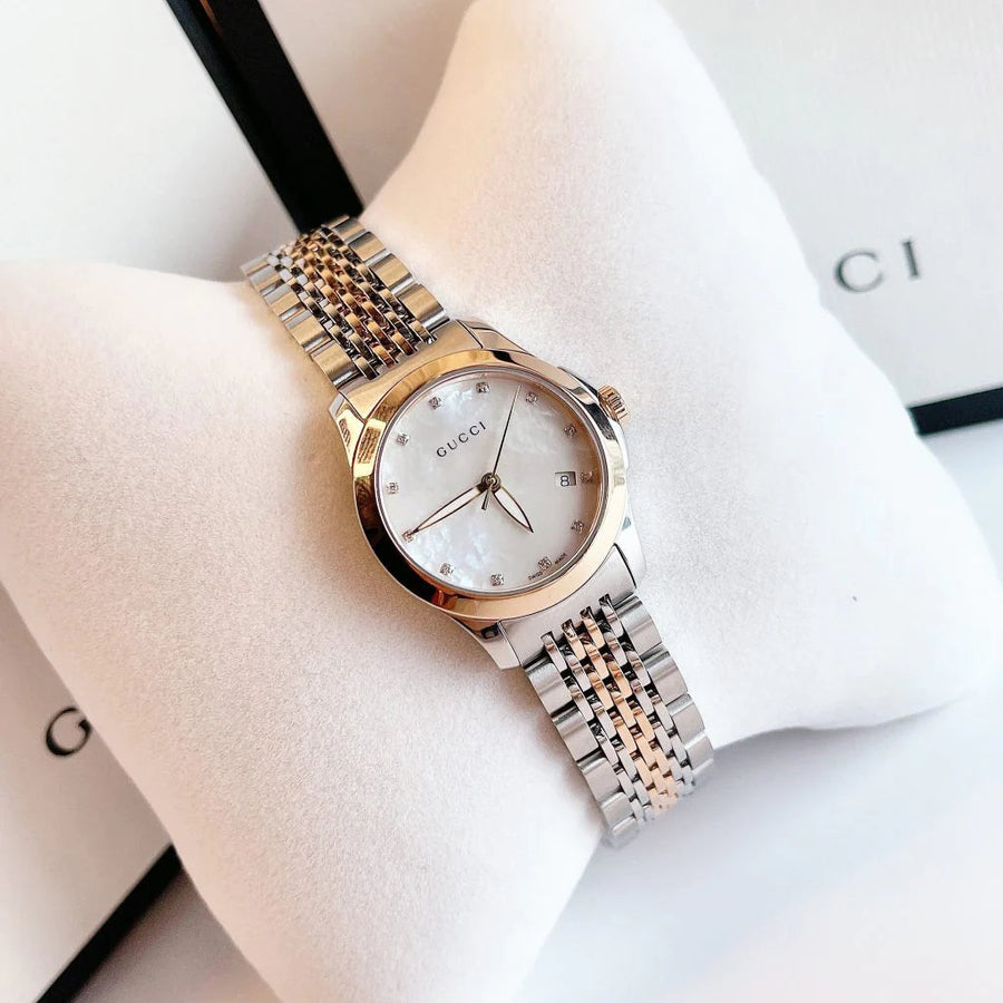 Gucci G Timeless Diamonds Mother of Pearl Dial Two Tone Mesh Bracelet Watch For Women - YA126514