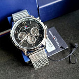 Tommy Hilfiger Chronograph Black Dial Silver Mesh Bracelet Watch for Men - 1791292