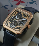 Fossil Inscription Automatic Skeleton Rose Gold Dial Black Leather Strap Watch for Men - BQ2572