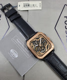 Fossil Inscription Automatic Skeleton Rose Gold Dial Black Leather Strap Watch for Men - BQ2572