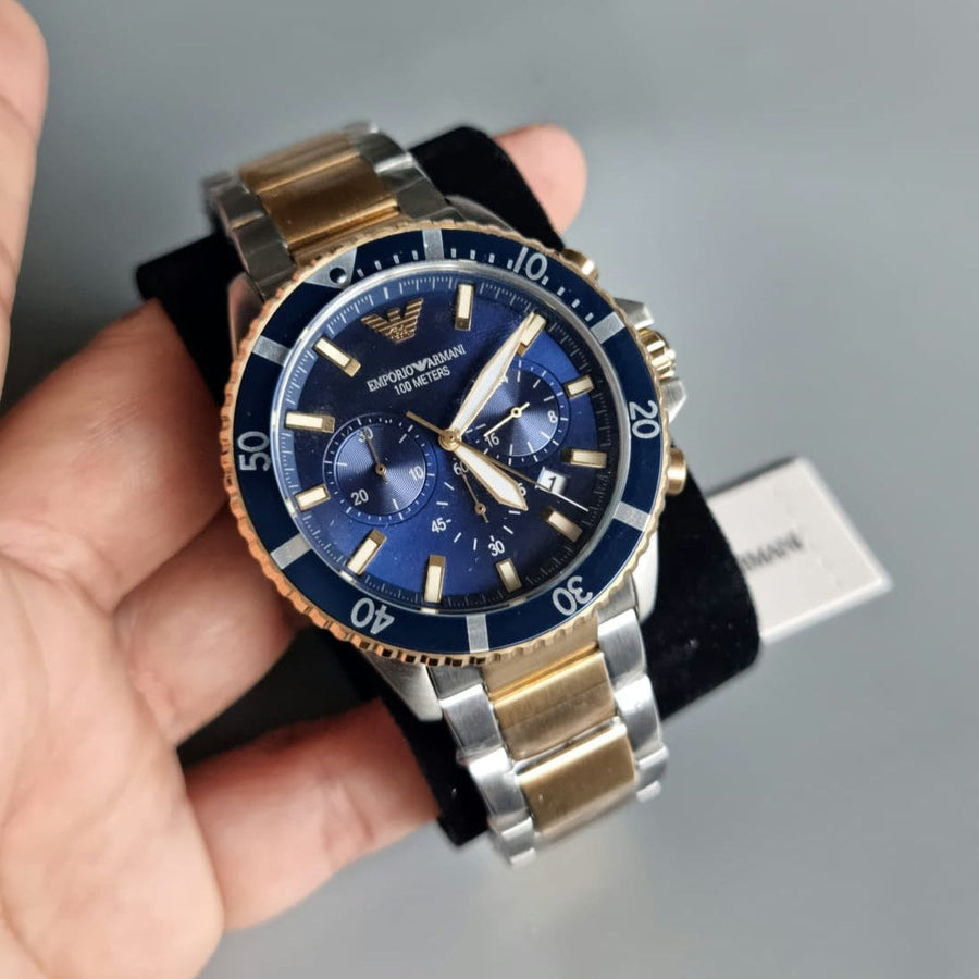 Emporio Armani Mario Chronograph Blue Dial Two Tone Steel Strap Watch For Men - AR11362
