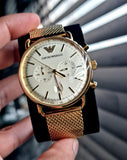 Emporio Armani Aviator Chronograph Quartz Beige Dial Gold Mesh Bracelet Watch For Men - AR11315