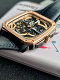 Fossil Inscription Automatic Skeleton Rose Gold Dial Black Leather Strap Watch for Men - BQ2572