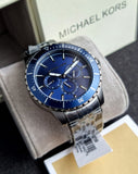 Michael Kors Chronograph Cunningham Multifunction Blue Dial Grey Steel Strap Watch For Men - MK7155