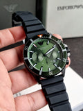 Emporio Armani Diver Chronograph Quartz Green Dial Black Silicon Strap Watch For Men - AR11463