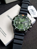 Emporio Armani Diver Chronograph Quartz Green Dial Black Silicon Strap Watch For Men - AR11463