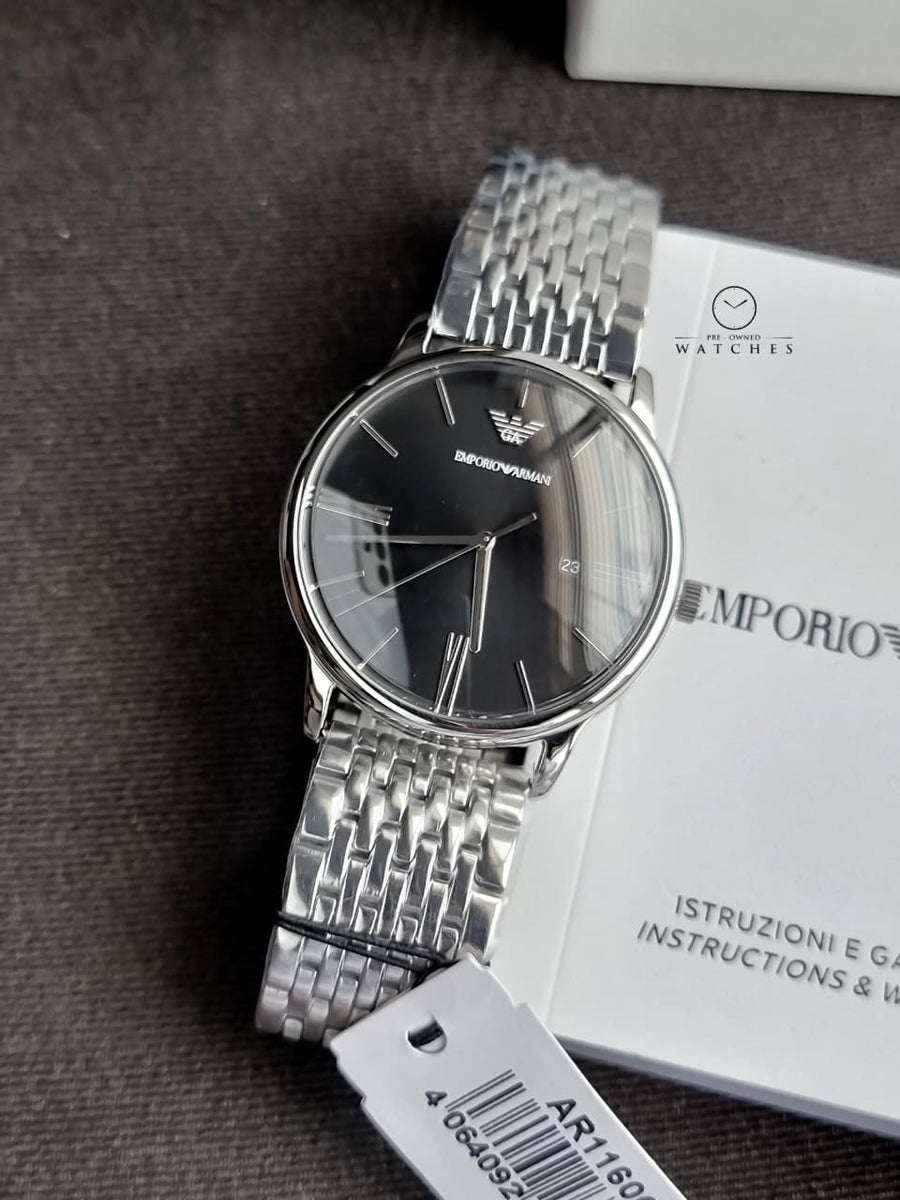 Emporio Armani Minimalist Black Dial Silver Steel Strap Watch for Men - AR11600