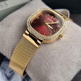 Guess Quartz Red Dial Gold Mesh Strap Watch For Women - GW0354L4