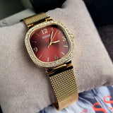 Guess Quartz Red Dial Gold Mesh Strap Watch For Women - GW0354L4