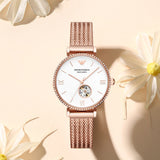 Emporio Armani Meccanico Automatic White Dial Rose Gold Mesh Strap Watch For Women - AR60063