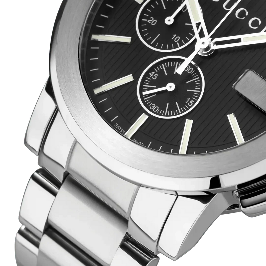 Gucci G Chrono Black Dial Silver Steel Strap Watch For Men - YA101204