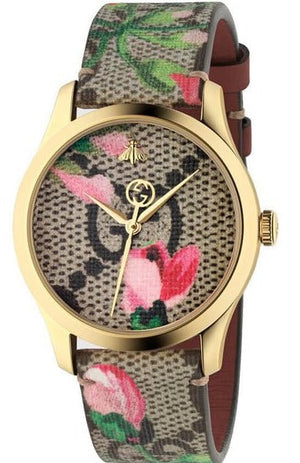 Gucci G Timeless Floral Brown Dial Brown Leather Strap Watch For Women - YA1264038