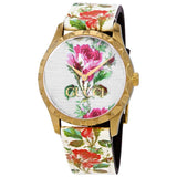 Gucci G Timeless Floral Gold Dial White Leather Strap Watch For Women - YA1264084