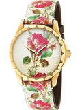 Gucci G Timeless Floral Gold Dial White Leather Strap Watch For Women - YA1264084