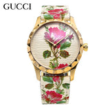 Gucci G Timeless Floral Gold Dial White Leather Strap Watch For Women - YA1264084