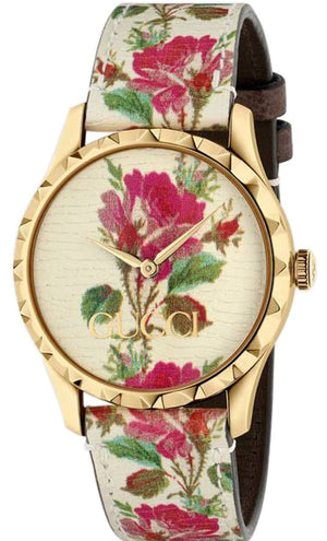 Gucci G Timeless Floral Gold Dial White Leather Strap Watch For Women - YA1264084