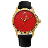 Gucci G Timeless Coral Red Dial Black Leather Strap Watch For Men - YA126464