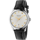 Gucci G Timeless Automatic Silver Dial Black Leather Strap Unisex Watch - YA126468